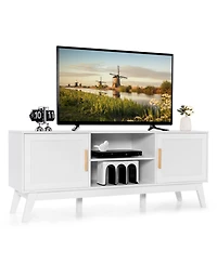 Tv Stand Entertainment Media Console with 2 Rattan Cabinets and Open Shelves
