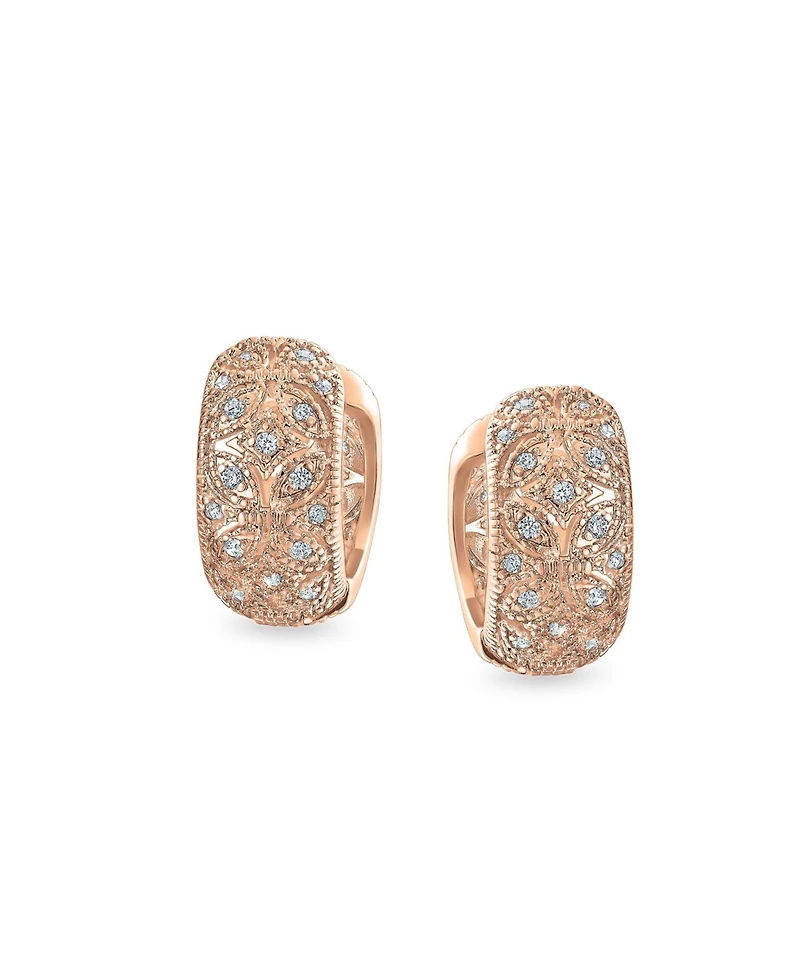 Bling Jewelry Victorian Style Filigree Flower Cz Accent Wide Huggie Hoop Earrings Cubic Zirconia Silver Rose Gold Plated