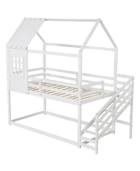 Twin House Bed with Stairs and Roof for Kids