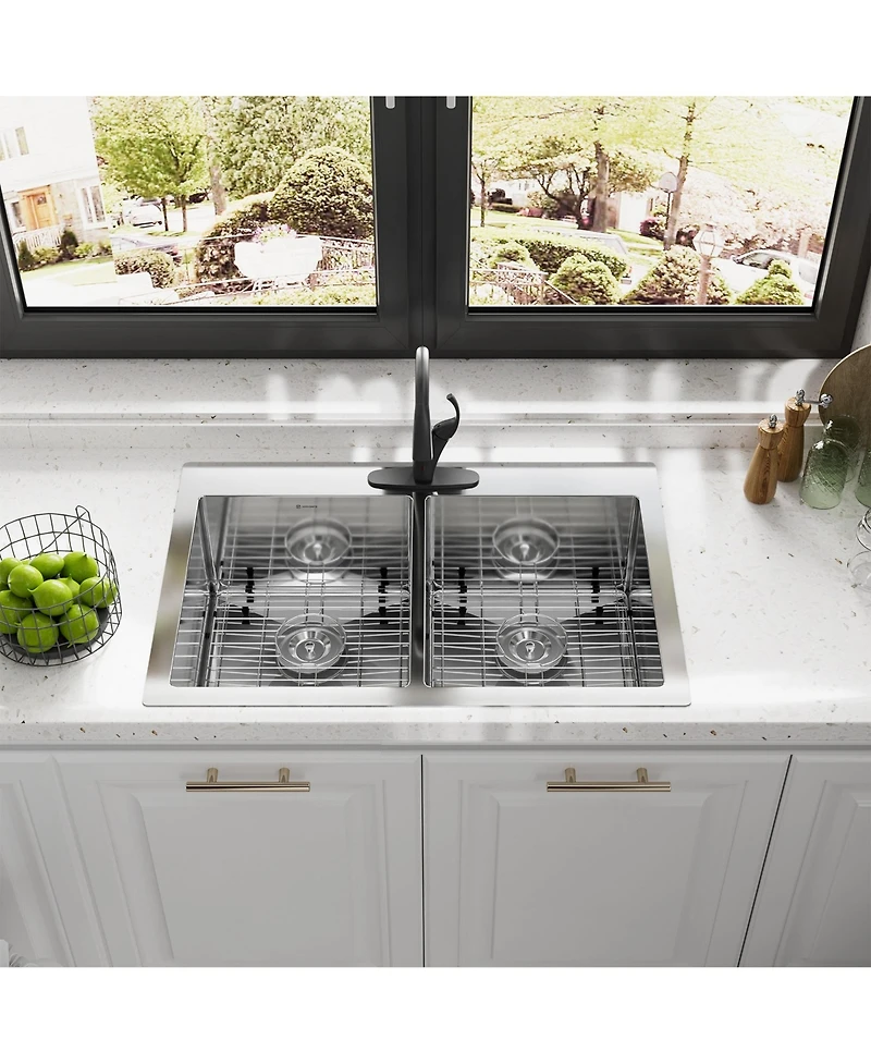 33 Inch Stainless Steel Brushed Kitchen Manual Sink With Double Grooves On The Counter