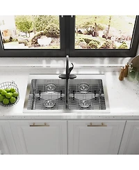 33 Inch Stainless Steel Brushed Kitchen Manual Sink With Double Grooves On The Counter