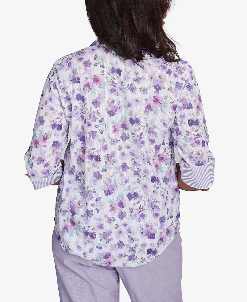 Alfred Dunner Women's Crystal Springs Floral Contrast Cuff Button Down Top