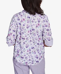 Alfred Dunner Women's Crystal Springs Floral Contrast Cuff Button Down Top