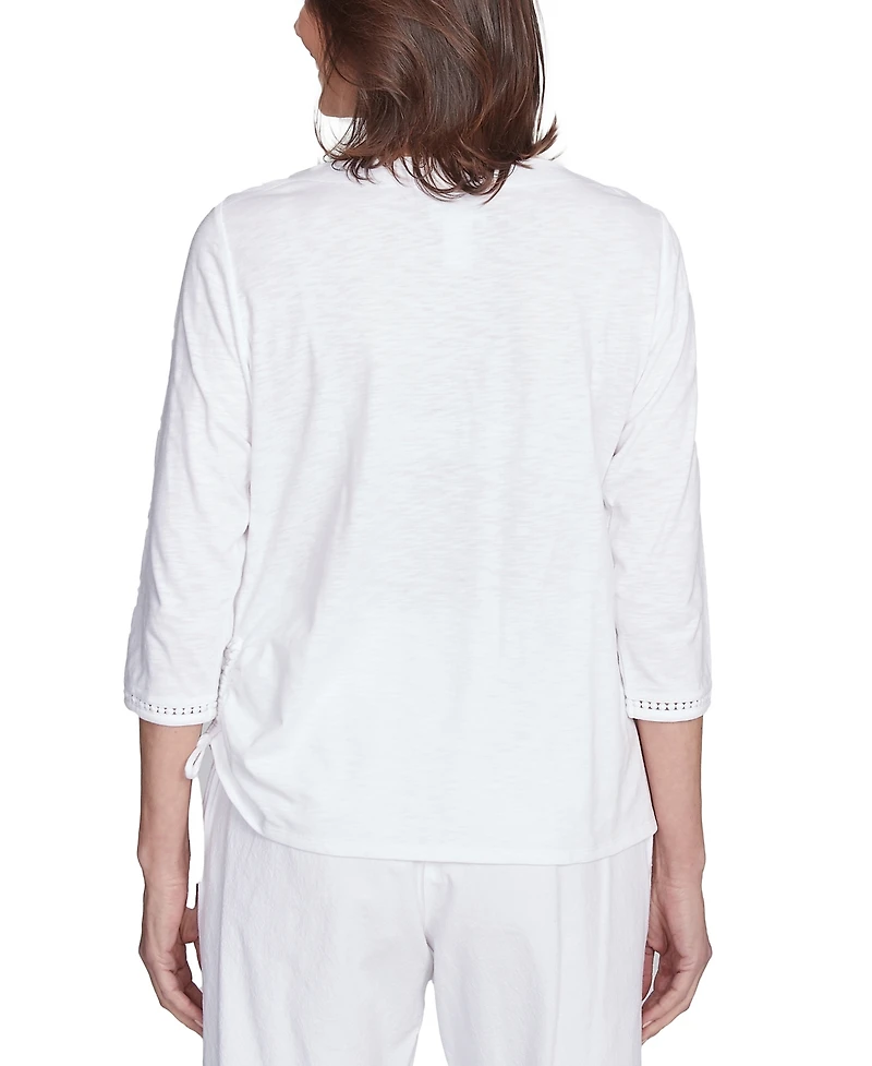 Alfred Dunner Women's Rise Shine Embroidered Pineapple Crew Neck Top