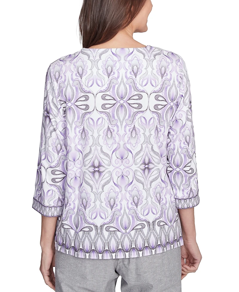Alfred Dunner Women's Crystal Springs Border Medallion Kaleidoscope Square Neckline Top