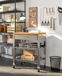 Seville Classics Home Stainless Steel Worktable Cart with Solid Wood Top