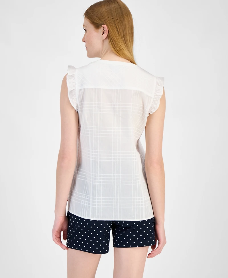 Tommy Hilfiger Women's Cotton Tonal-Plaid Ruffled-Sleeve Shirt