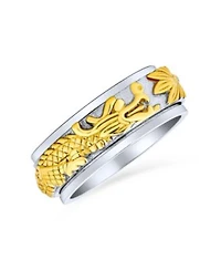 Bling Jewelry Two Tone Overlay Gold Silver Tones Titanium Steel Exotic 3D Asian Chinese Dragon Fidget Spinner Ring Band Jewelry