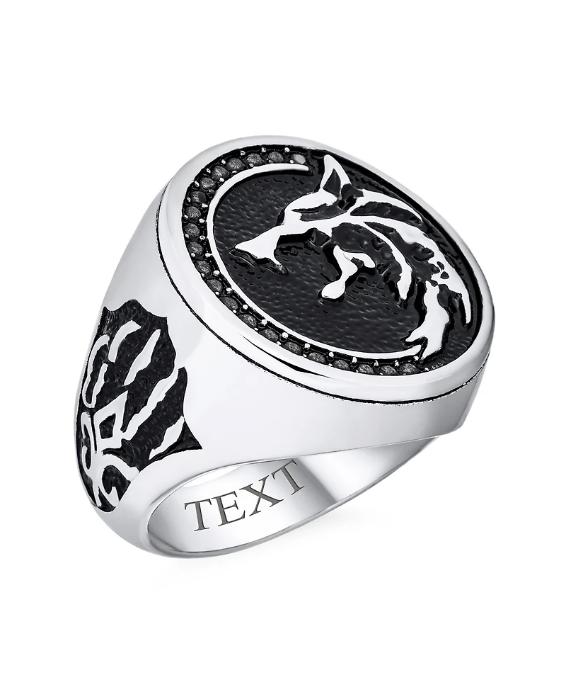 Bling Jewelry Signet Fierce Roaring Big Wolf Head Coin Ring Oxidized Stainless Steel