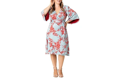 Kiyonna Plus Gemini Wrap Dress with Contrast Lined Sleeves