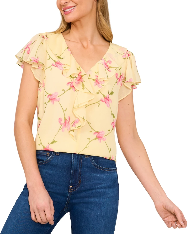 CeCe Women's Floral-Print Ruffled Flutter-Sleeve Top