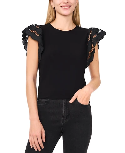 CeCe Women's Ruffled Eyelet-Sleeve Crewneck Top