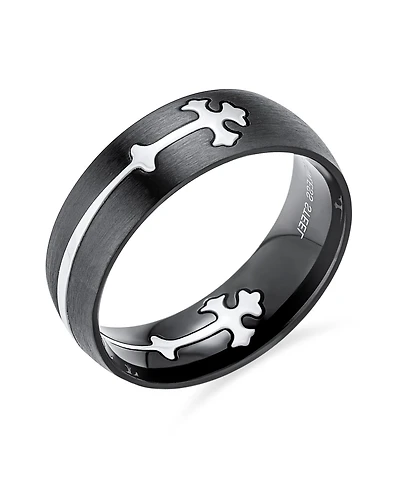 Bling Jewelry Religious Maltase Fleur De Lis Cross Black Puzzle Band Ring Silver Tone Stainless Steel