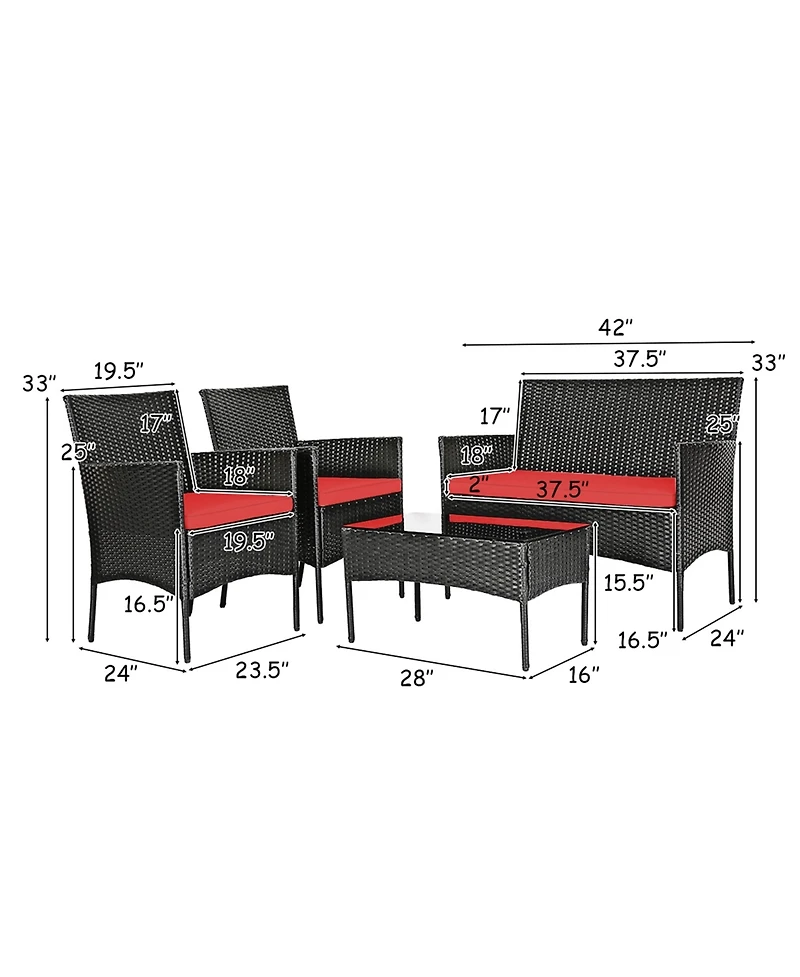 Costway 4 Pcs Outdoor Patio Rattan Furniture Set Table Shelf Sofa