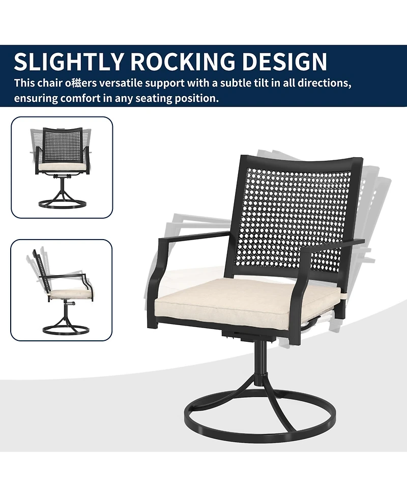 Outdoor Metal Swivel Chairs Set of 2 Patio Dining Chair with Cushion Furniture Set for Garden Backyard Bistro, Small Grid, Black