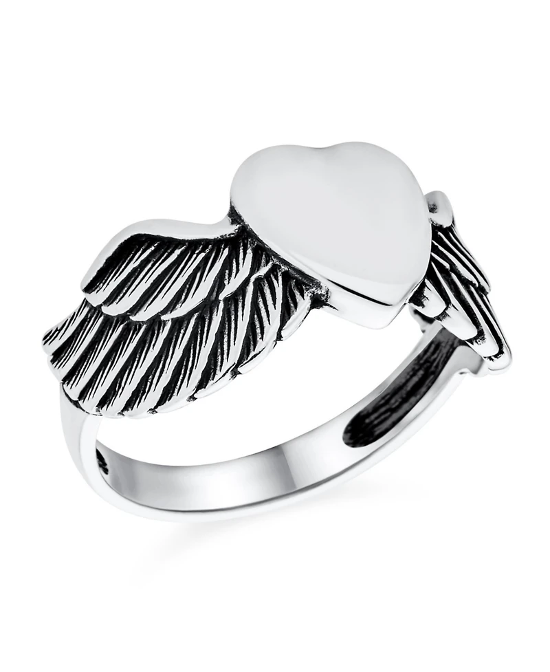 Bling Jewelry Religious Spiritual Heart Angel Wing Feather Band Ring Oxidized .925 Sterling Silver Or Stainless Steel