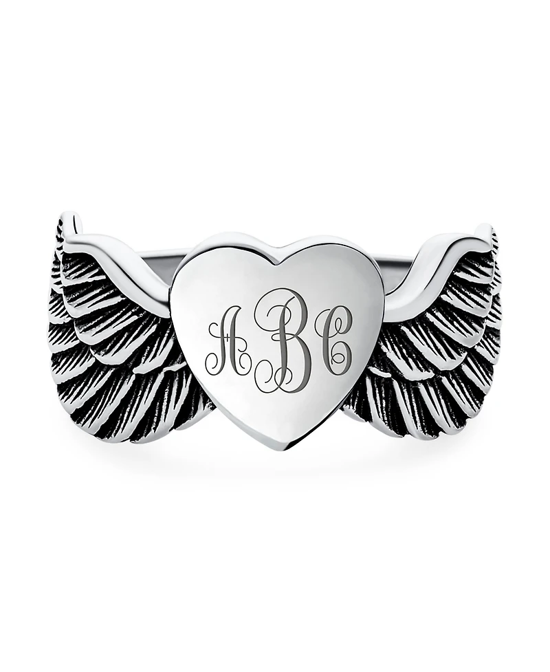 Bling Jewelry Religious Spiritual Heart Angel Wing Feather Band Ring Oxidized .925 Sterling Silver Or Stainless Steel