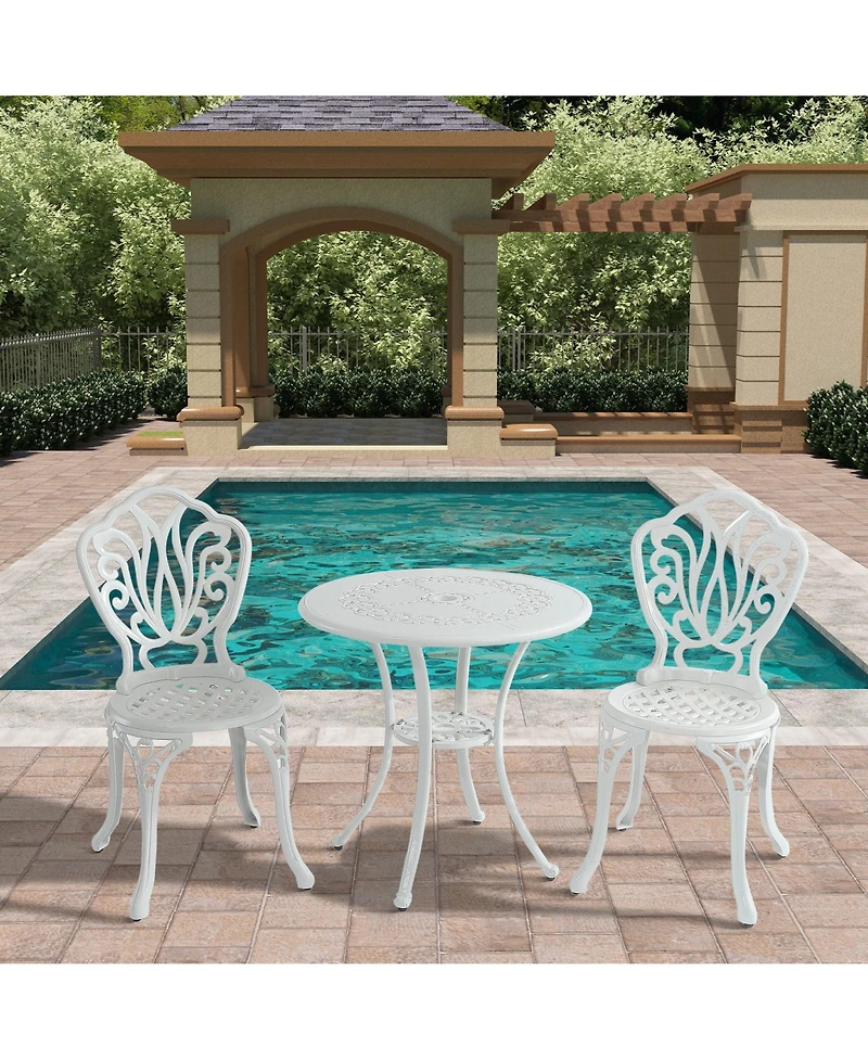 3-Piece Cast Aluminium Patio Bistro Set Outdoor Dining Table and Chairs Patio Bistro Table with Umbrella Hole Patio Bistro Chairs, White