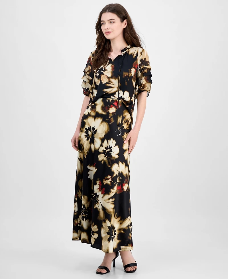 Anne Klein Women's Pleated-Sleeve Floral-Print Split-Neck Top