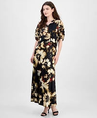 Anne Klein Women's Pleated-Sleeve Floral-Print Split-Neck Top