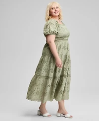 And Now This Trendy Plus Eyelet Embroidered Cotton Puff-Sleeve Maxi Dress, Exclusively at Macy's