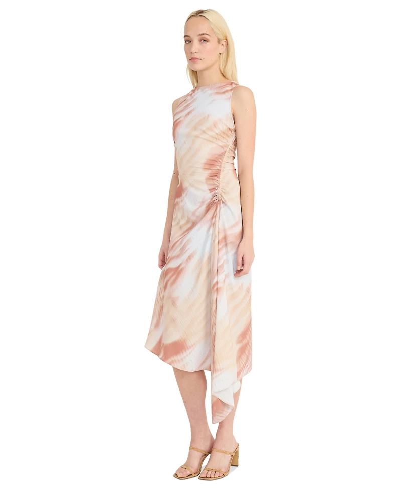 Luxely Women's Printed Ruched Asymmetrical Midi Dress
