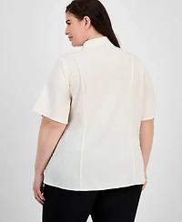 Anne Klein Plus Split-Neck Flutter-Sleeve Button-Front Blouse