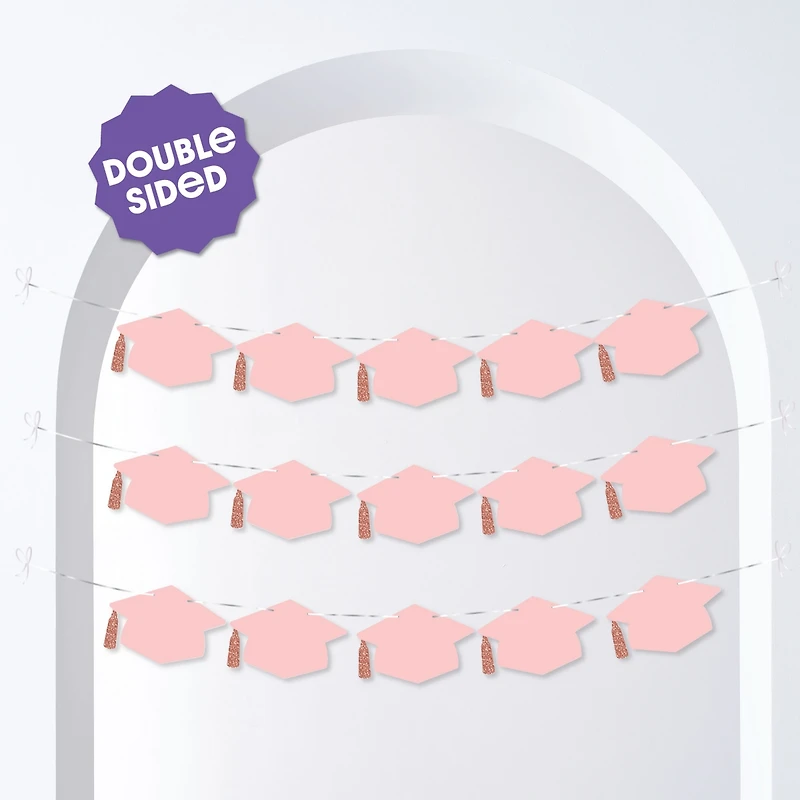 Rose Gold Graduation Cap Garland Banner, 10 Feet of Cord, 15 Hats with Tassels