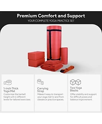 BalanceFrom Fitness 7 Piece Yoga Set with Mat, Stretch Strap, & Knee Pad, Red