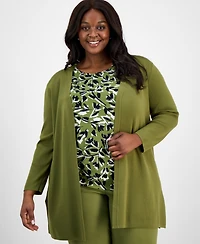 Ak Anne Klein Plus Open-Front Side-Slit Cardigan