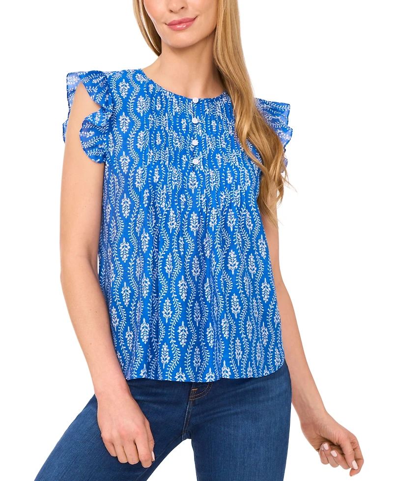 CeCe Women's Floral Button-Front Ruffle-Sleeve Blouse