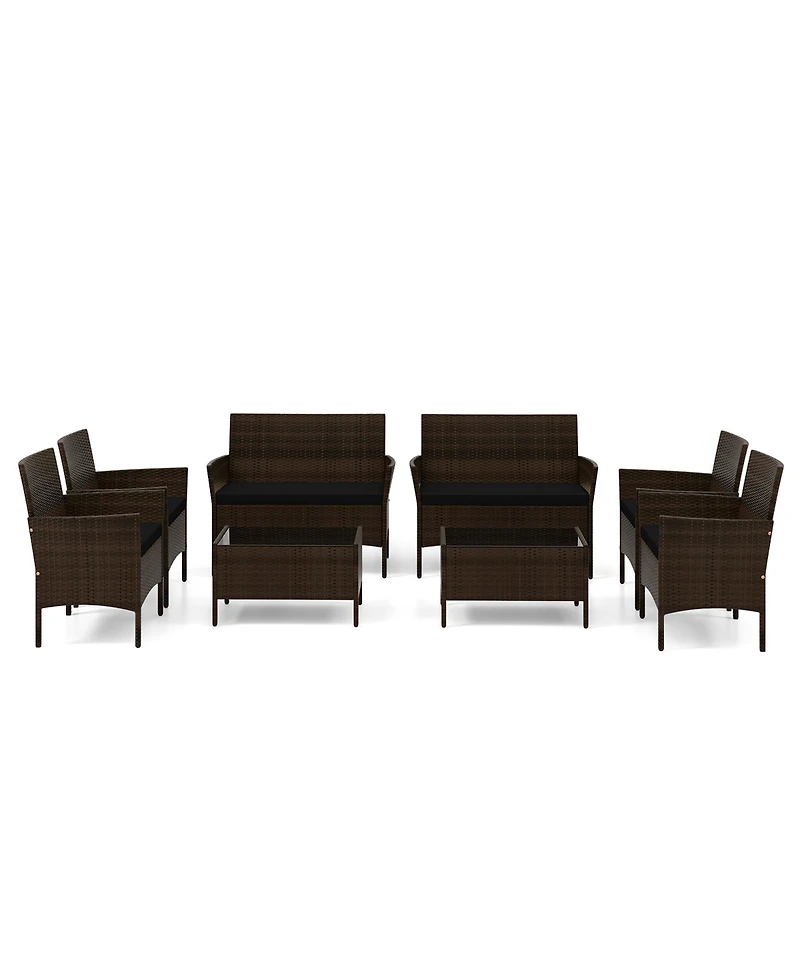 Gymax 8 Pcs Outdoor Patio Rattan Conversation Set Wicker Furniture Set w/ Chair Cushions