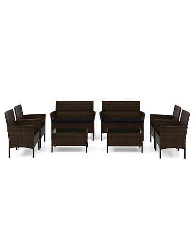 Gymax 8 Pcs Outdoor Patio Rattan Conversation Set Wicker Furniture Set w/ Chair Cushions