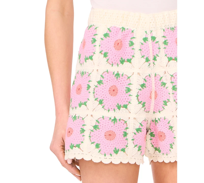 CeCe Women's High-Rise Crochet Flower Shorts
