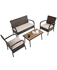 Gymax 4 Piece Rattan Outdoor Furniture Set Patio Conversation Set w/ Cushions