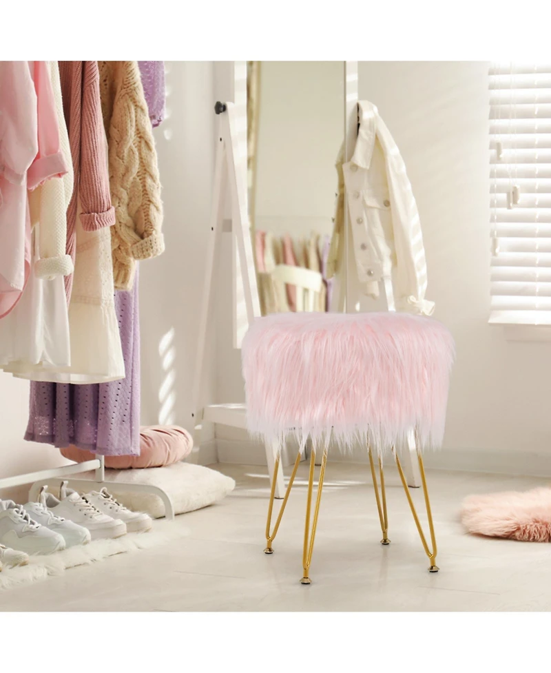 Faux Fur Vanity Stool Chair with Metal Legs for Bedroom and Living Room