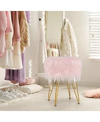Faux Fur Vanity Stool Chair with Metal Legs for Bedroom and Living Room