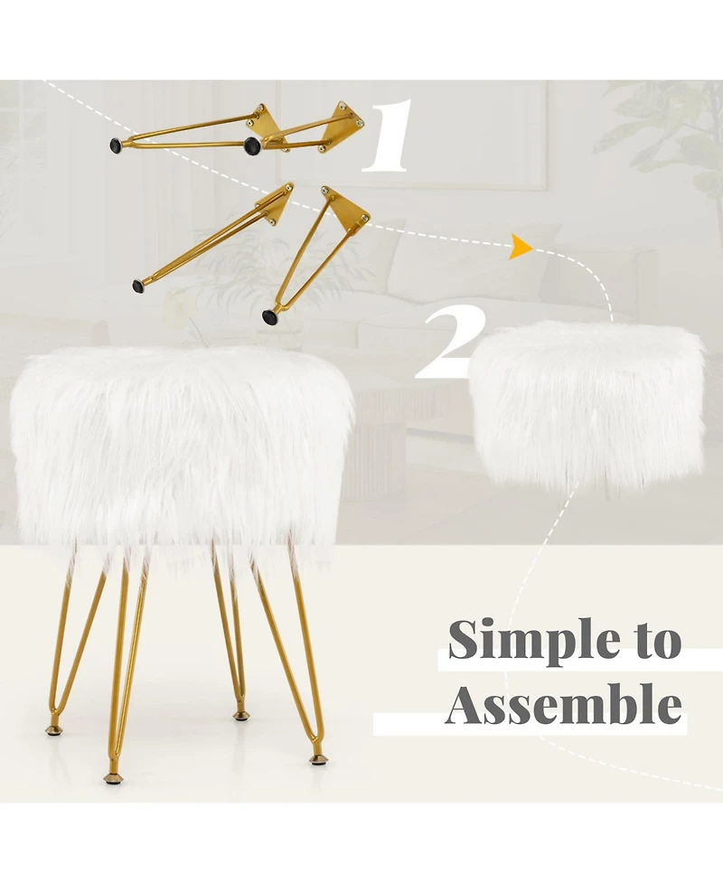 Faux Fur Vanity Stool Chair with Metal Legs for Bedroom and Living Room