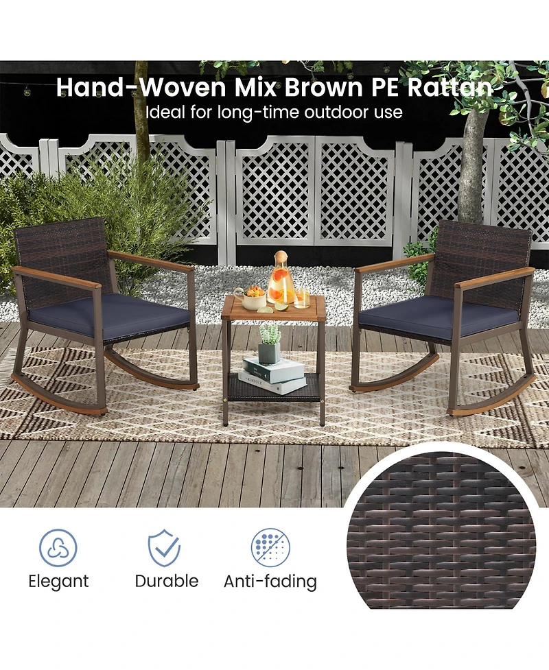3 Pieces Rattan Rocking Bistro Set with Table and Cushions