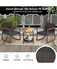 3 Pieces Rattan Rocking Bistro Set with Table and Cushions