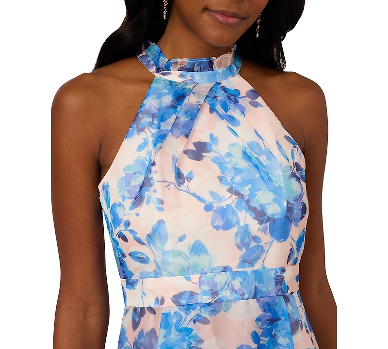 Adrianna Papell Women's Floral Print Halter High-Low Midi Dress