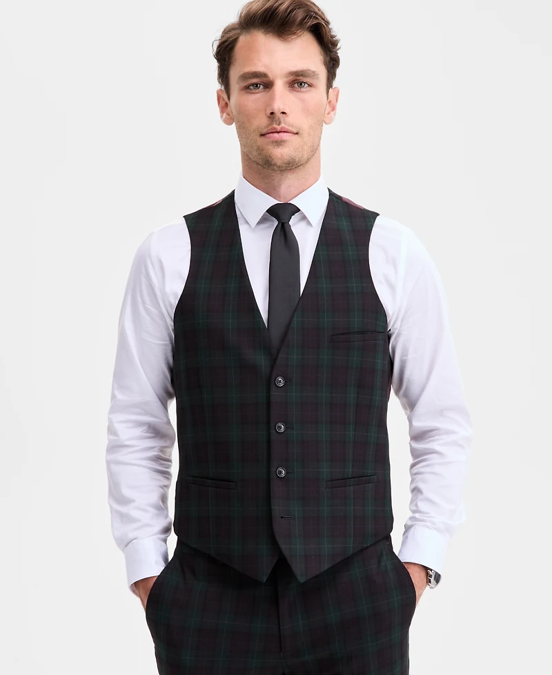 Bar Iii Men's Slim-Fit Green & Burgundy Plaid Suit Separate Vest, Macy's Exclusive