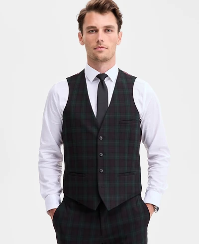 Bar Iii Men's Slim-Fit Green & Burgundy Plaid Suit Separate Vest, Macy's Exclusive