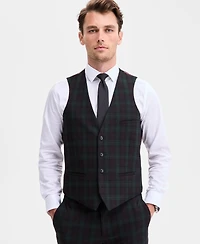 Bar Iii Men's Slim-Fit Green & Burgundy Plaid Suit Separate Vest, Macy's Exclusive