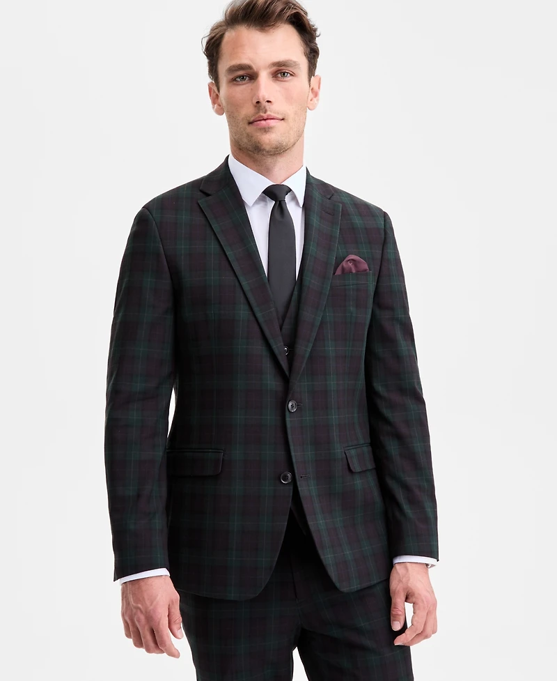 Bar Iii Men's Slim-Fit Green & Burgundy Plaid Suit Separate Jacket, Macy's Exclusive