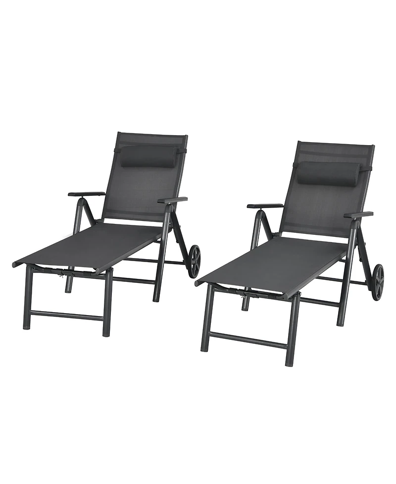 2PCS Patio Lounge Chair W/ Wheels Neck Pillow Aluminum Frame Adjustable
