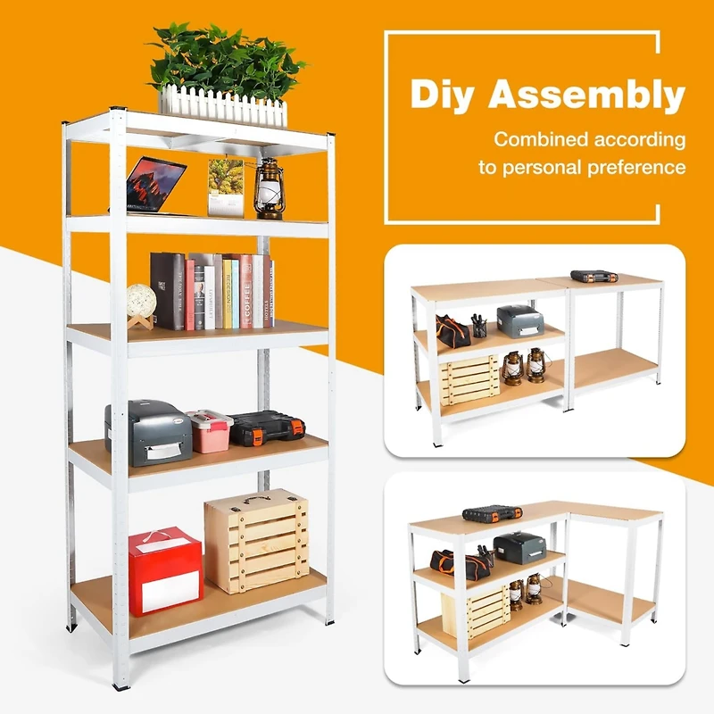 5 Tier Laminated White Metal Shelving Unit Adjustable Garage Storage Utility Rack Heavy Duty Shelves Organization Multipurpose Shelf Warehouse Basemen