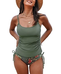 Cupshe Women's Escaping Ruched Tankini Top & Floral High-Waisted Bottoms Set