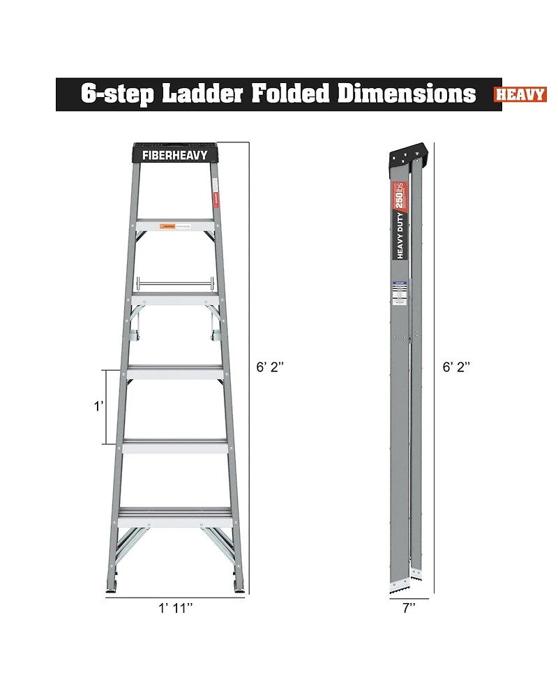 Fibreglass Step Ladder 6-Step 250lbs Gray