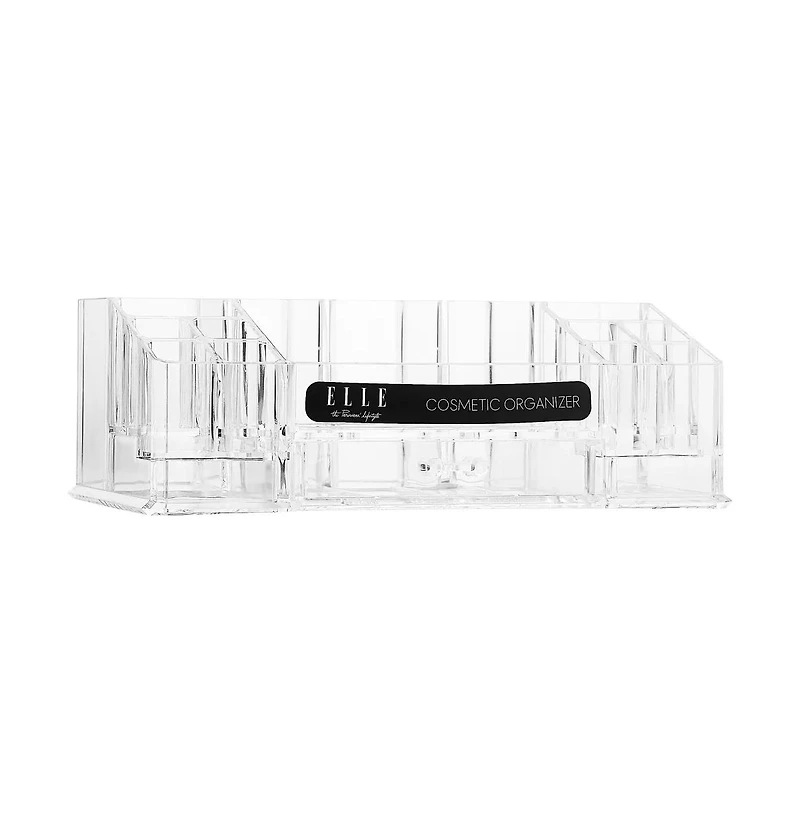 Acrylic Makeup Tray Organizer– 16 Compartments 1 Drawer, Rectangular Holder for Brushes, Eyeshadow Palettes, Skincare & Beauty Supplies